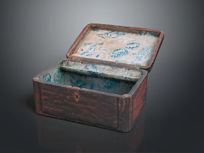 Open Wooden Storage Box With Blue Floral Patterns Interior For Daily Necessities 3d model