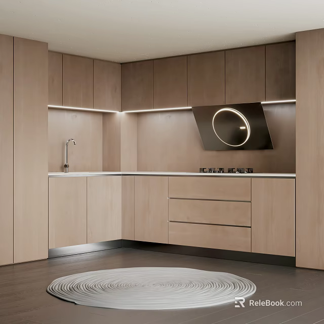 Modern Kitchen Interior With Light Wood Cabinets Built-in Stove And Countertop Lighting 3d model 
