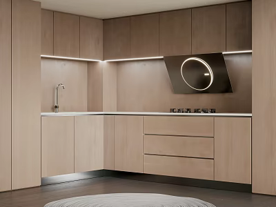 Modern Kitchen Interior With Light Wood Cabinets Built-in Stove And Countertop Lighting 3d model