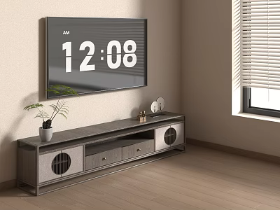 Modern TV Stand with Storage Drawers Potted Plant and Decorative Items in Living Room 3d model