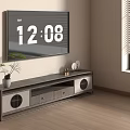 Modern TV Stand with Storage Drawers Potted Plant and Decorative Items in Living Room