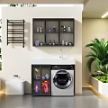 Modern Bathroom Cabinet Rack With Washing Machine Open Shelves Toiletries And Green Plants