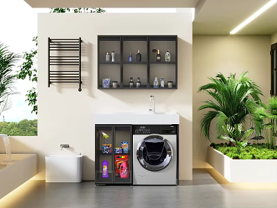 Modern Bathroom Cabinet Rack With Washing Machine Open Shelves Toiletries And Green Plants 3d model