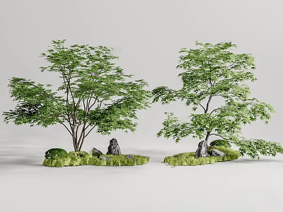 Lush Arbor Trees with Stones and Green Grass in Serene Natural Scene 3d model