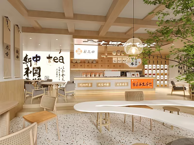 Chinese Style Milk Tea Shop Interior With Wooden Ceiling Calligraphy And Seating 3d model