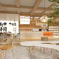 Chinese Style Milk Tea Shop Interior With Wooden Ceiling Calligraphy And Seating