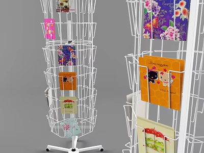 White Metal Spiral Wire Display Rack With Colorful Greeting Cards And Decorative Items 3d model