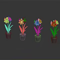 Four Potted Flowers of Different Colors in Black Pots with Gray Background and Reflections