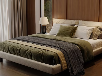 Comfortable Double Bed With Green And White Pillows Dark Blanket Wooden Wall And Nightstand Lamp 3d model