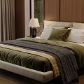 Comfortable Double Bed With Green And White Pillows Dark Blanket Wooden Wall And Nightstand Lamp