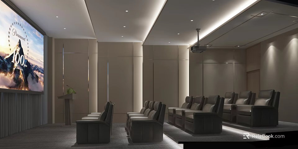 Luxurious Home Theater Room With Plush Seating Projector And Modern Lighting Design 3d model 