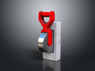 Red Metal Hook Attached To Gray Concrete Block With Silver Bearing 3D Rendering 3d model