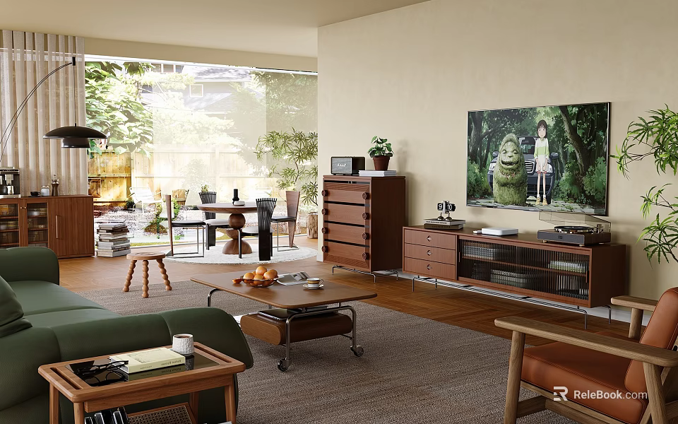Cozy Integrated Living And Dining Room With Warm Wooden Furniture And Bright Natural Daylight 3d model 