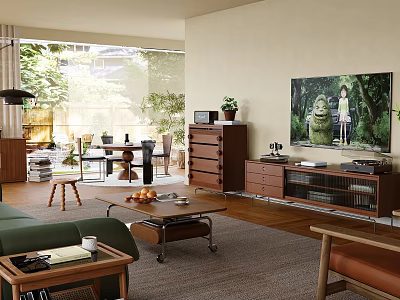 Cozy Integrated Living And Dining Room With Warm Wooden Furniture And Bright Natural Daylight 3d model