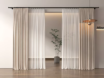 Thick Beige Curtains With White Sheer Panels On Black Rod In Minimalist Interior 3d model