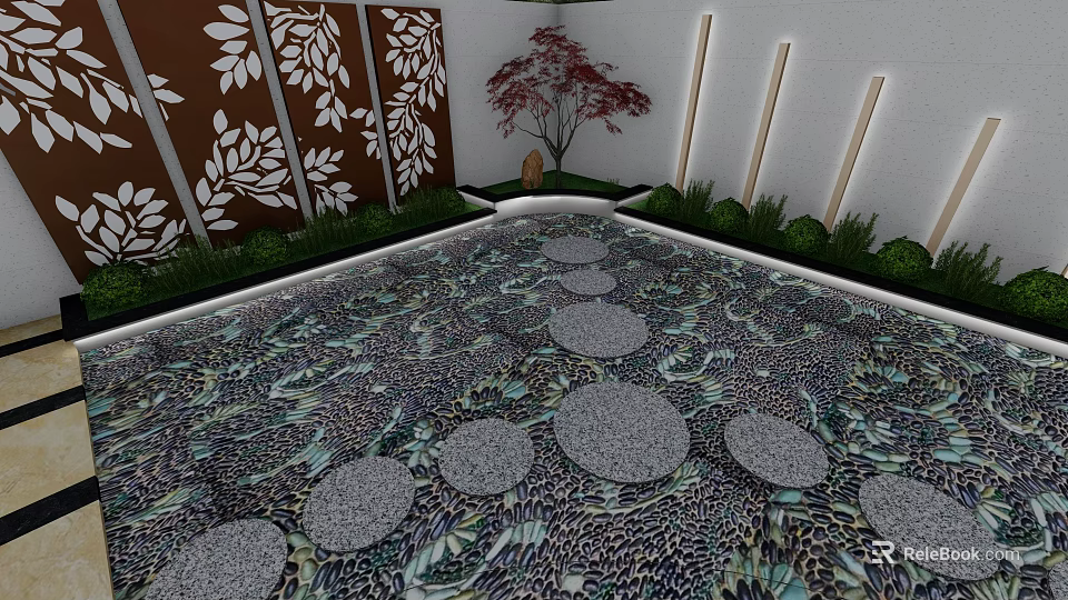 Intricate Leaf Patterned Feature Wall With Circular Stone Path And Greenery 3d model 