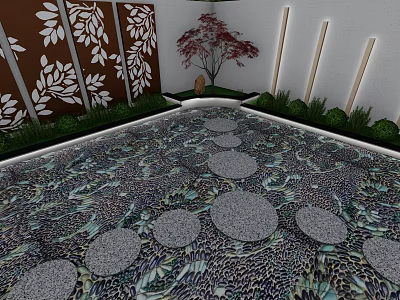 Intricate Leaf Patterned Feature Wall With Circular Stone Path And Greenery 3d model