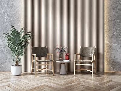 Modern Two Chairs And Small Round Table Set With Wooden Striped Wall And Herringbone Floor 3d model