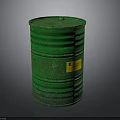 Industrial Green Metal Barrel With Yellow Label And Ribbed Surface
