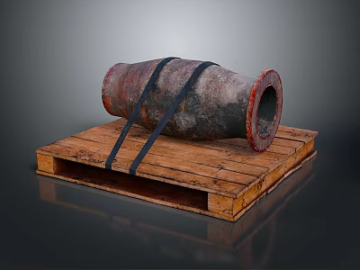Old Rusted Cannon Secured With Black Straps On Wooden Pallet 3d model