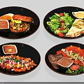 Various Delicious Foods Served On Black Plates With Sauces And Fresh Ingredients