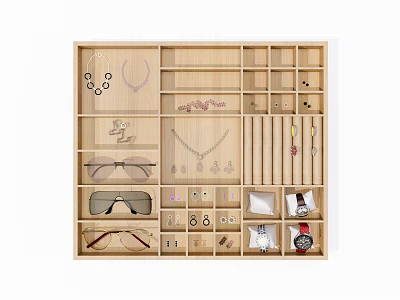 Wooden Display Shelf with Multiple Compartments for Organizing Jewelry Accessories Watches and Glasses 3d model