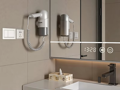Modern Bathroom Vanity With Mirror Digital Clock Faucet Tissue Box and Hair Dryer 3d model