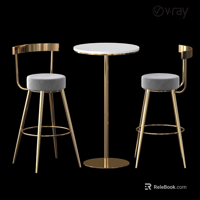 Elegant Modern Bar Counter Design With Gold Metal Bar Stools And White Round Tabletop 3d model 