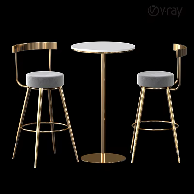 Elegant Modern Bar Counter Design With Gold Metal Bar Stools And White Round Tabletop 3d model