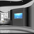 Modern Break Room With White Curved Counter Display Shelves TV Screens And Bar Stools