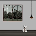 Bright Room Interior With Double Arched Window Black Frame Trees Grass Hanging Lamp Teddy Bear