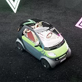 Green And Gray Compact Two Seater Car With Transparent Roof And White Triangle Neon Light