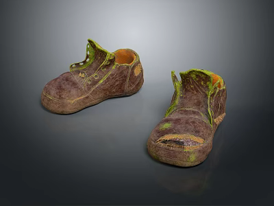 Brown Old Shoes With Green Worn Edges And Worn Soles For Daily Use 3d model