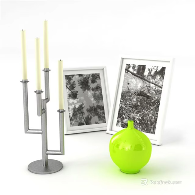 Bright Green Vase With Floral Design And Framed Pictures Near Silver Candle Holder 3d model 