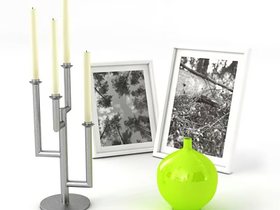 Bright Green Vase With Floral Design And Framed Pictures Near Silver Candle Holder 3d model