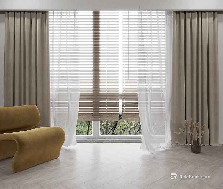 Beige Curtains With White Sheer Panels By Living Room Window Brown Sofa Green Trees 3d model 