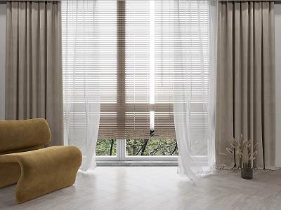 Beige Curtains With White Sheer Panels By Living Room Window Brown Sofa Green Trees 3d model