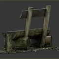 Outdoor Leisure Chair Featuring Wooden Seat Stone Supports Grass and Small Pebbles Natural Rustic Design