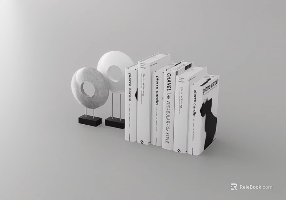 Modern Books And Magazine Display With Ring Shaped Decorations On Black Bases 3d model 