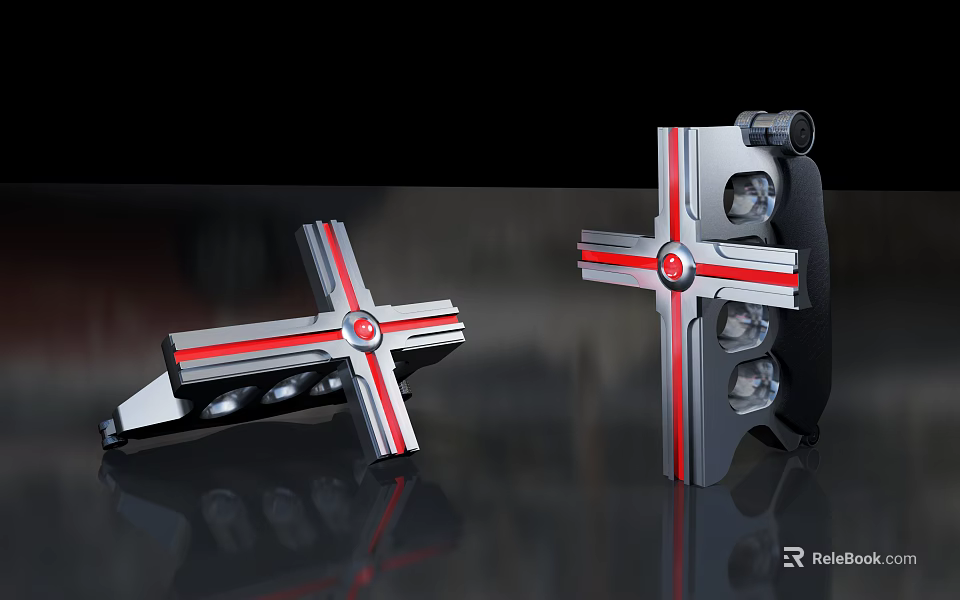 Cross Shaped Silver Red Weapon With Black Grip And Circular Components 3d model 
