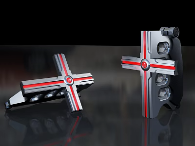 Cross Shaped Silver Red Weapon With Black Grip And Circular Components 3d model