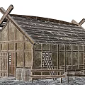 Ancient Traditional Building with Wooden Roof and Beams Surrounded by Fence and Tools