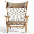 Modern Wooden Frame Armchair With Woven Backrest And Light Gray Cushion