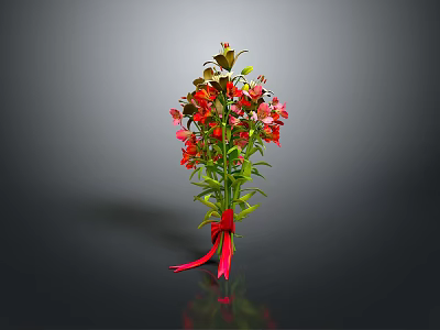 Bouquet of Red and Pink Flowers with Green Stems and Leaves and Red Ribbon 3d model