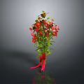 Bouquet of Red and Pink Flowers with Green Stems and Leaves and Red Ribbon