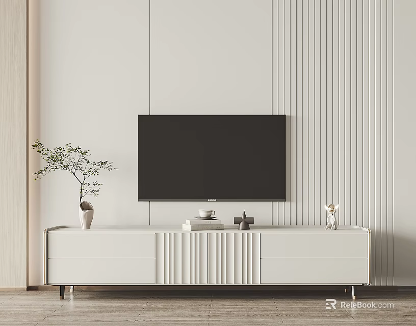 Modern White TV Stand Design With Wall Mounted TV Decorative Plants And Wooden Floor 3d model 