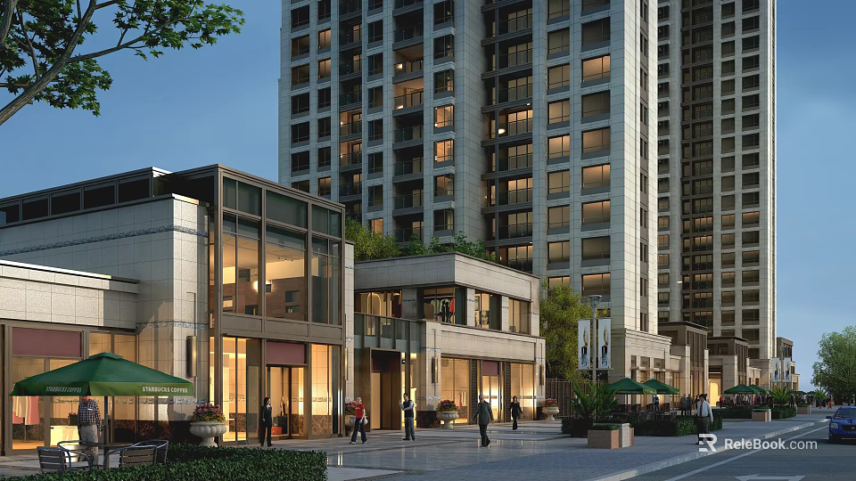 Modern Commercial Street with Tall Buildings Modern Architecture Pedestrians and Greenery 3d model 