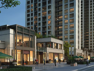 Modern Commercial Street with Tall Buildings Modern Architecture Pedestrians and Greenery 3d model