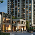 Modern Commercial Street with Tall Buildings Modern Architecture Pedestrians and Greenery