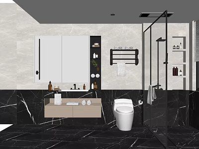 Modern Bathroom Interior With Marble Walls Vanity Mirror And Glass Shower Enclosure 3d model
